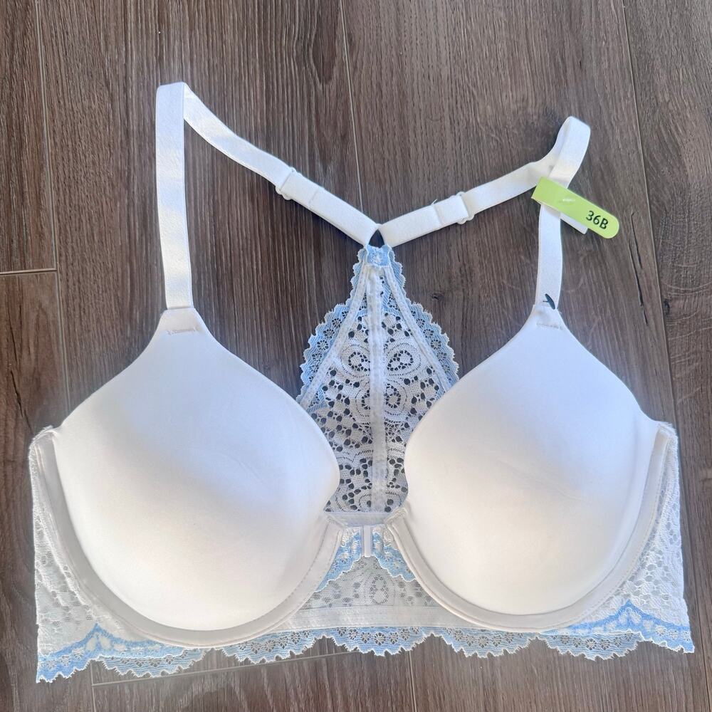 Maidenform One Fab Fit Everyday Full Coverage Racerback Bra Blue White Lace 36B